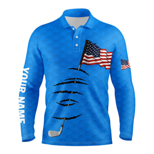 Personalized blue golf polos shirt for men American flag 4th July custom name gifts for golf lovers NQS3948