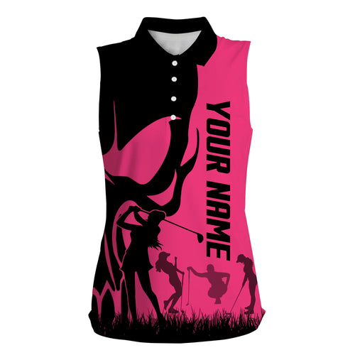 Womens sleeveless polo shirts custom name skull golf black shirt jerseys, women golf tops | Pink NQS4979
