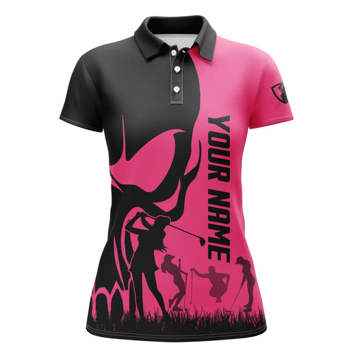 Womens golf polo shirts custom name skull golf black shirt jerseys, women golf tops | Pink NQS4979