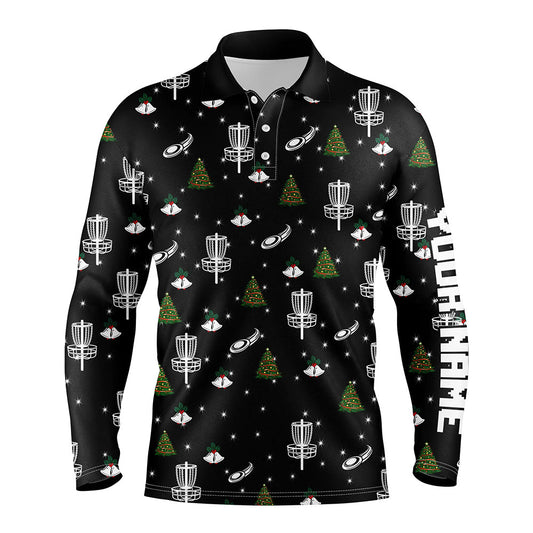 Mens golf polo shirt custom black Christmas pattern disc golf shirt for men, disc golf jerseys NQS6664