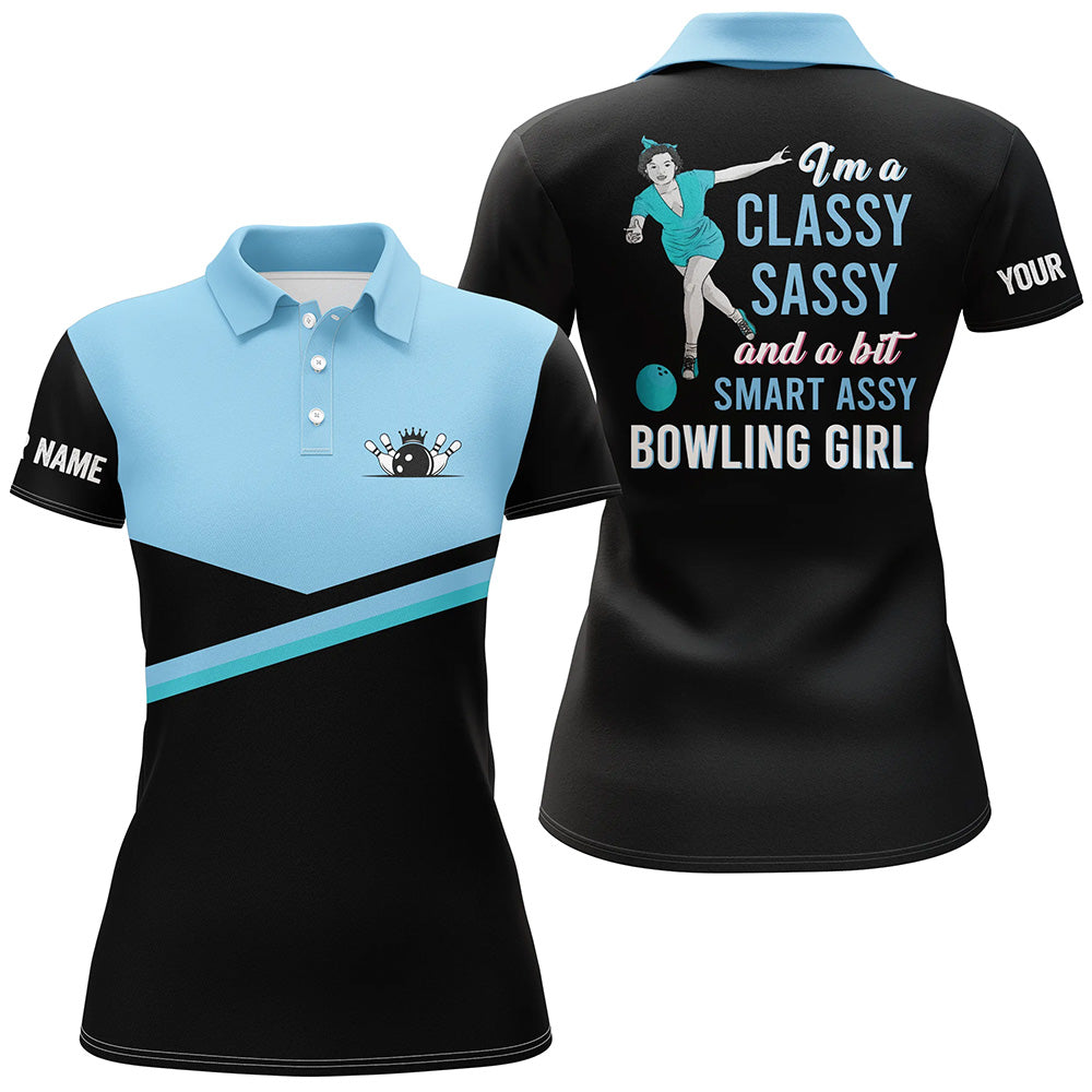 Custom black blue bowling shirt for women – personalized team jersey front view