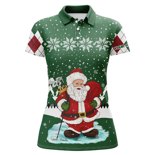 Ugly Christmas green argyle pattern golf shirt custom Womens polo shirt Santa Golfer Christmas gift NQS6891