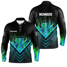 Load image into Gallery viewer, Black and green fire Mens Disc golf polo shirts custom flame disc golf basket jerseys, disc golf shirt NQS7337