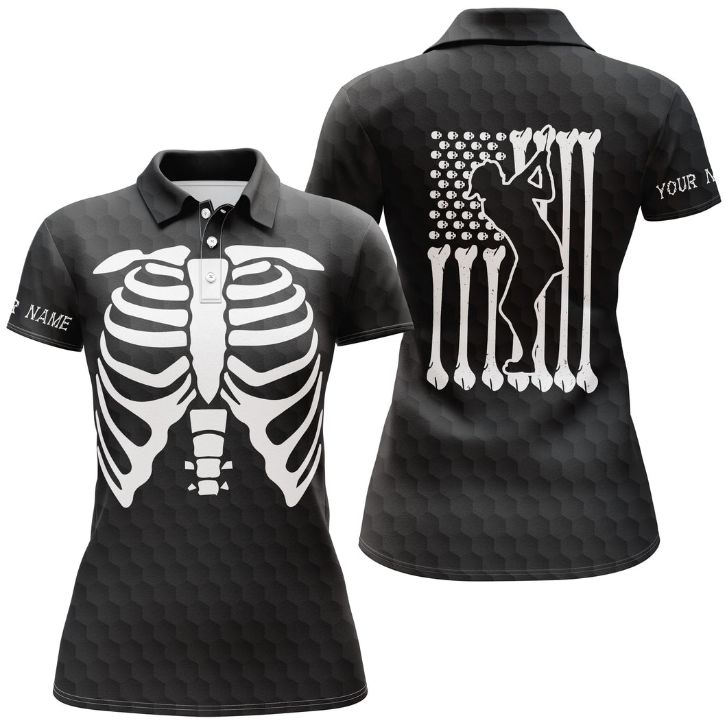 Funny Halloween Womens golf polo shirt Skeleton American flag custom name black white golf shirt NQS3971