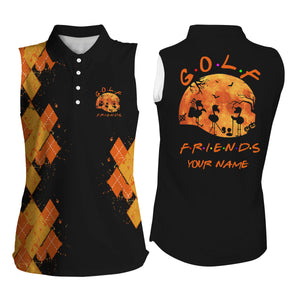 Funny orange black Halloween custom name Womens sleeveless polo shirt - Flamingo golf friends NQS3973