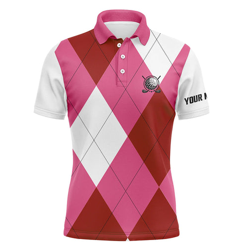 Mens golf polos shirts custom pink and white golf argyle plaid pattern, personalized golf gifts NQS6455