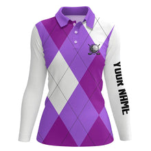 Load image into Gallery viewer, Womens golf polos shirts custom purple and white golf argyle plaid pattern, personalized golf gifts NQS6456