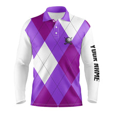 Load image into Gallery viewer, Mens golf polos shirts custom purple and white golf argyle plaid pattern, personalized golf gifts NQS6456