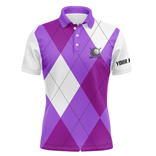 Mens golf polos shirts custom purple and white golf argyle plaid pattern, personalized golf gifts NQS6456
