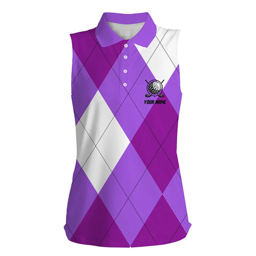 Womens sleeveless polo shirt custom purple and white golf argyle plaid pattern, personalized golf gift NQS6456