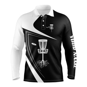 Mens disc golf polo shirt custom name black and white disc golf basket, personalized disc golf shirts NQS4426