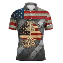 Load image into Gallery viewer, Mens disc golf polo shirt custom name American flag disc golf basket, disc golf gifts for men NQS4427