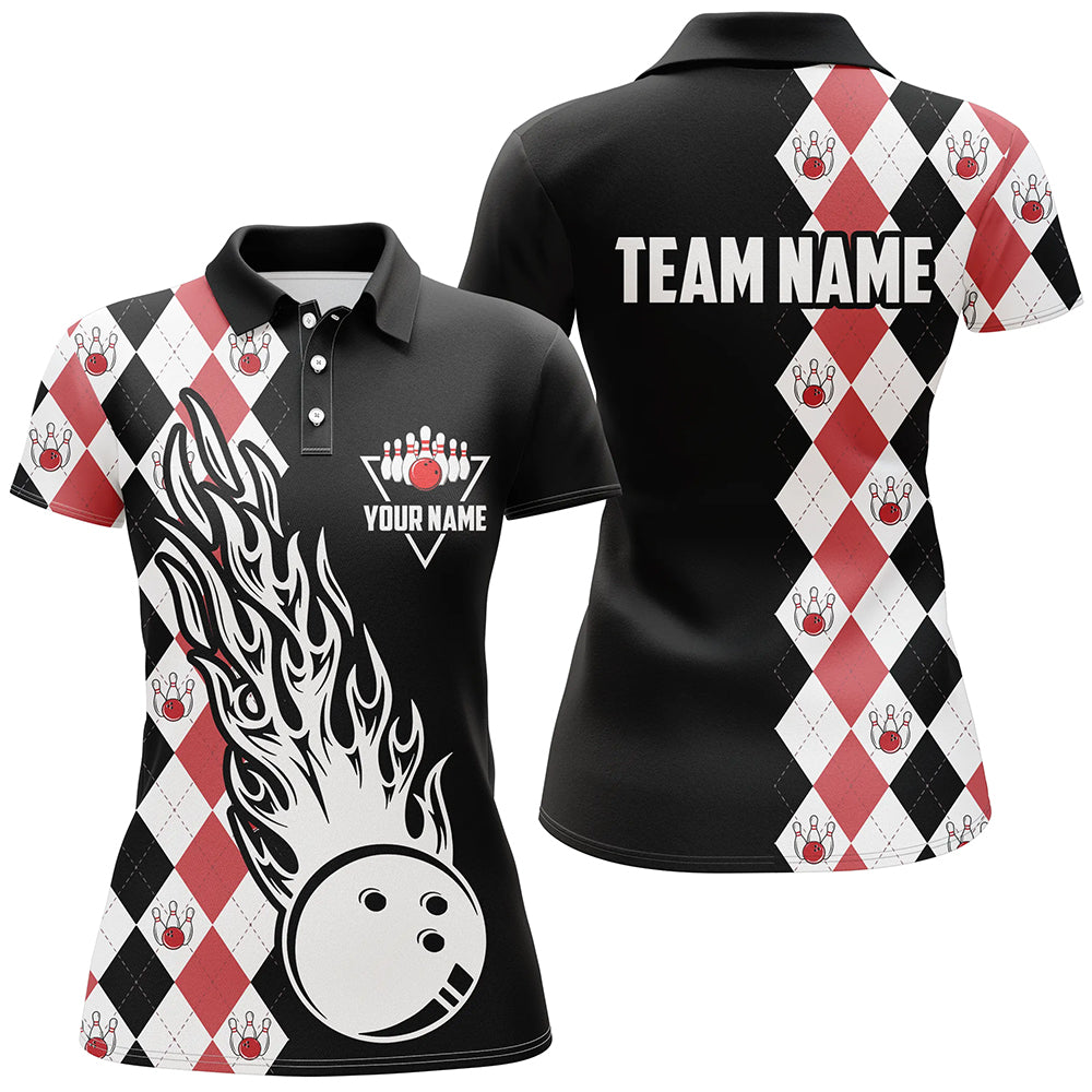 Black and red argyle pattern bowling fire polo shirts for women custom bowling team league jerseys NQS6912