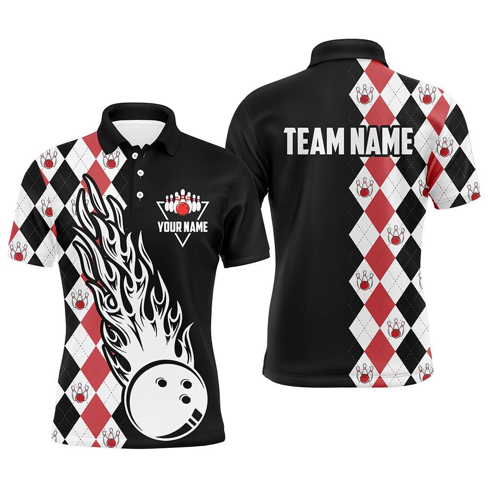 Black and red argyle pattern bowling fire Polo shirt for men custom bowling team league jerseys NQS6912