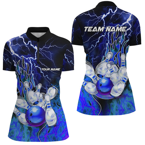 Women Bowling Quarter Zip Shirt Custom blue lightning thunder Bowling Team Jersey, gift for Bowlers NQS7078