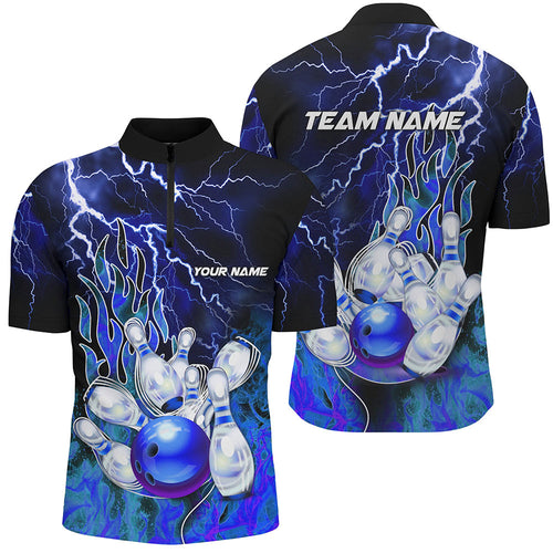 Men Bowling Quarter Zip Shirt Custom blue lightning thunder Bowling Team Jersey, gift for Bowlers NQS7078