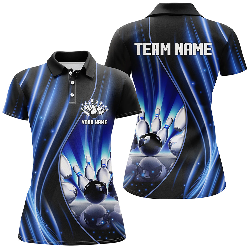 Blue and black light Women Bowling Polo Shirt Custom bowling league jerseys, personalized bowling gift NQS7082
