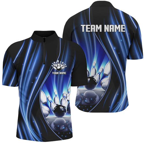 Blue and black light Mens bowling Quarter Zip Shirt Custom league jerseys, personalized bowling gift NQS7082