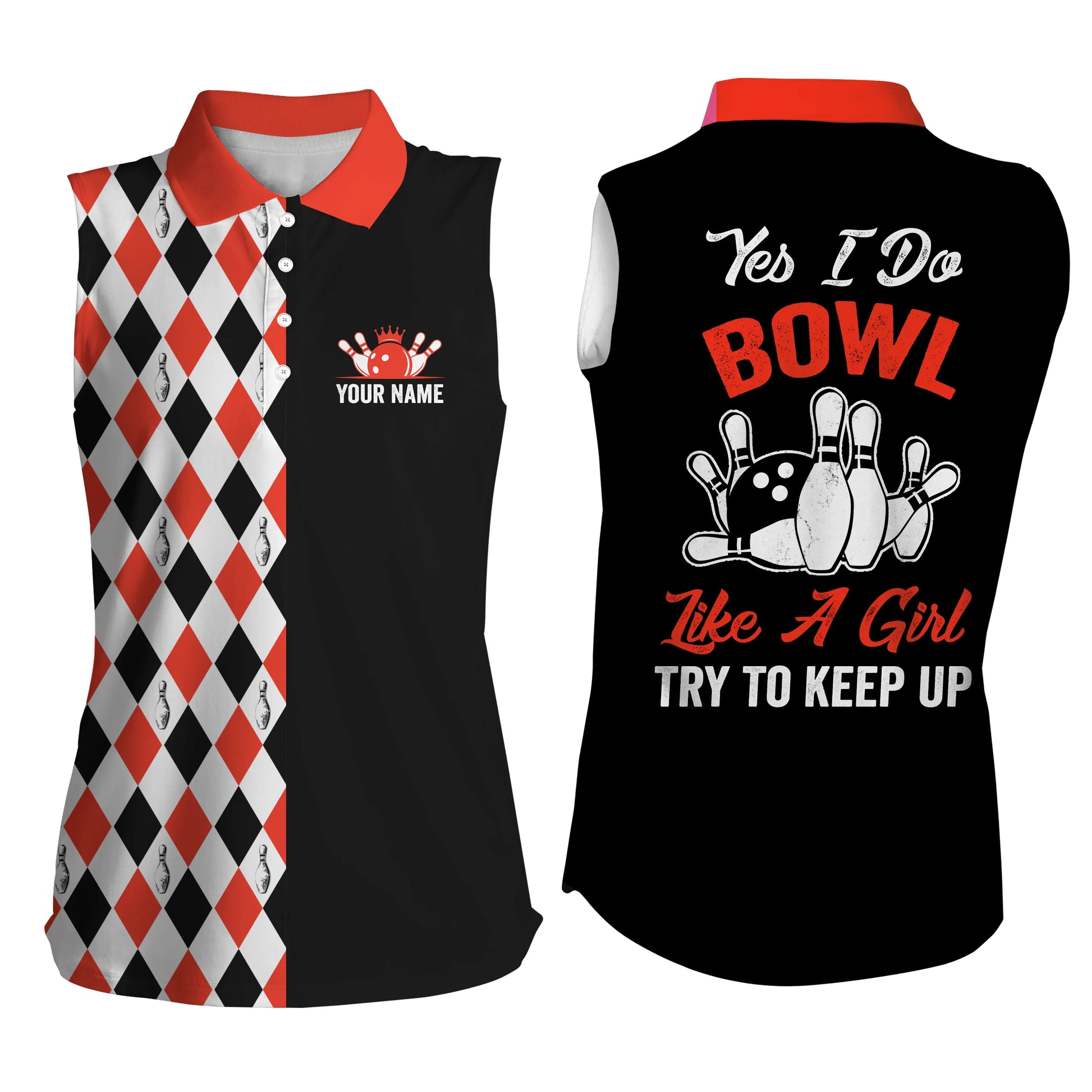 Custom sleeveless bowling shirt for women – personalized team jersey front view