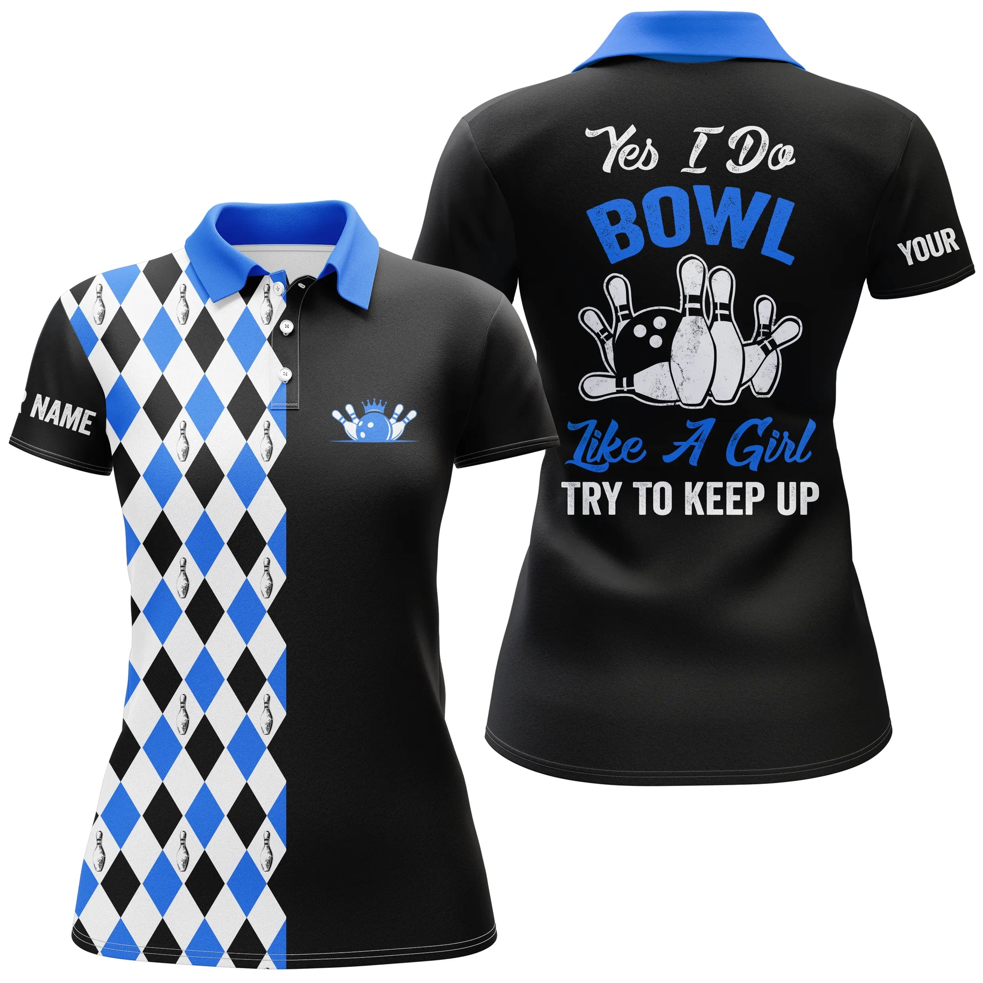 Custom black blue bowling shirt for women – personalized team jersey front view