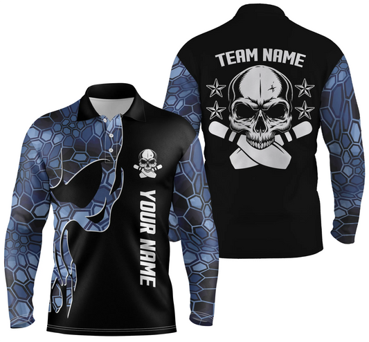 Blue camo personalized bowling shirt for men – custom name design side view