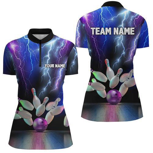 Womens bowling Quarter Zip shirt colorful lightning thunder storm bowling team league jerseys NQS7093