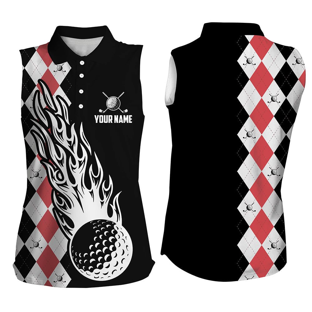 Womens sleeveless polo shirt custom black and red argyle pattern golf ball fire cool ladies golf shirt NQS6932