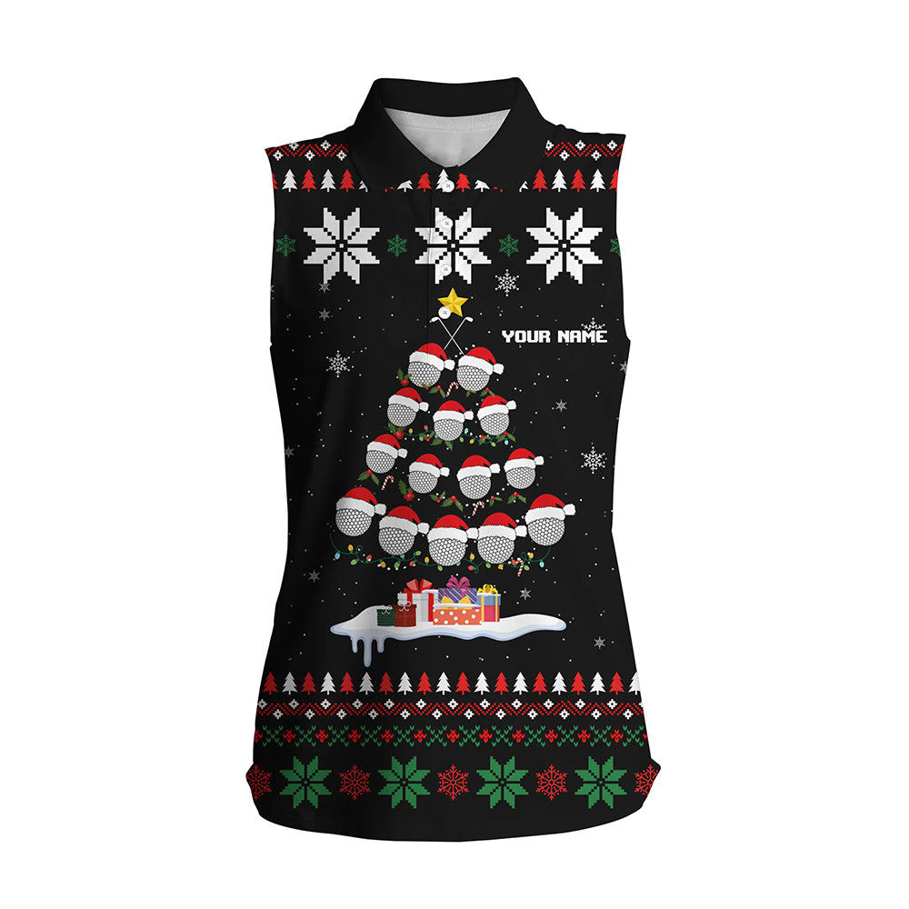 Ugly Christmas argyle pattern Women sleeveless polo shirts custom golf ball tree Xmas Gift For Golfer NQS6751
