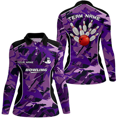 Women bowling polo shirts Custom bowling ball and pins purple camo Bowling Team Jersey for women NQS6488