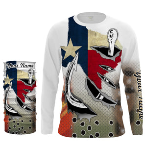 Texas Slam Redfish, Trout, Flounder fish hook Custom Texas patriotic Shirts, Long Sleeve performance Fishing Shirts NQS2048