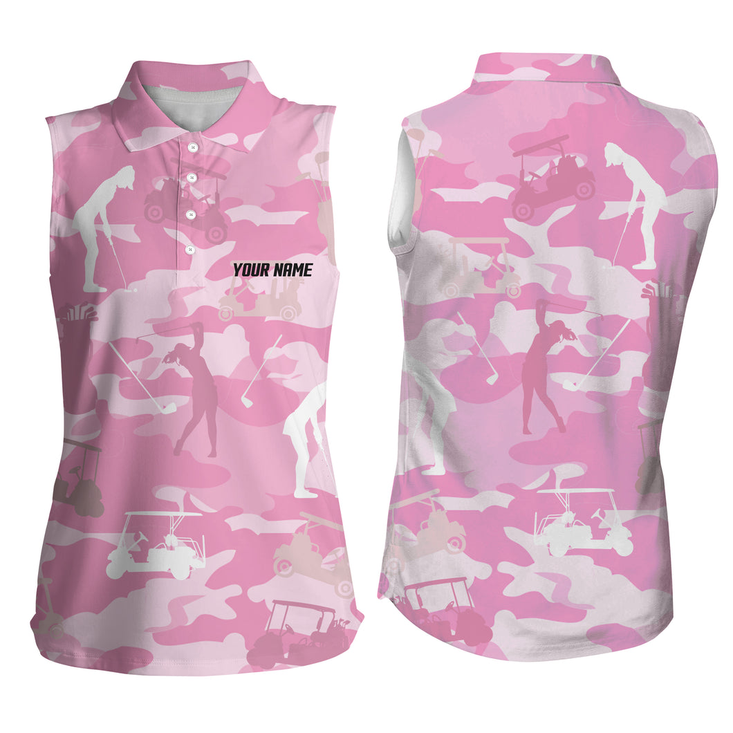 Pink camo Womens sleeveless polo shirt custom name pink golf shirts for women, golfing gifts NQS4636