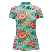 Load image into Gallery viewer, Womens golf polos shirts custom name green tropical flower hibiscus pattern golf tops for ladies NQS7130