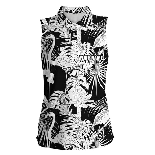 Women sleeveless polo shirt black white tropical plants flamingo golf shirts custom womens golf wear NQS4841