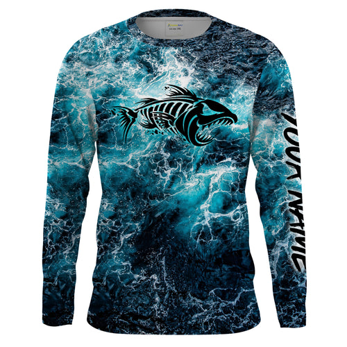 Custom blue ocean fish bone Saltwater Long sleeve Fishing Shirts UV Protection, Sea wave camo Fishing Shirts - NQS2068