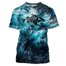 Load image into Gallery viewer, Custom blue ocean fish bone Saltwater Long sleeve Fishing Shirts UV Protection, Sea wave camo Fishing Shirts - NQS2068