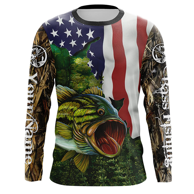 Largemouth Bass Fishing American Flag patriot custom name long sleeves shirt, gift for Fishing lovers NQS689