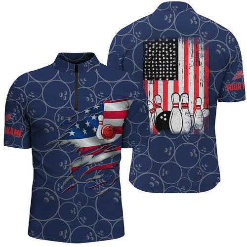 Bowling Quarter Zip shirts for men custom blue vintage American flag bowling jerseys NQS6323