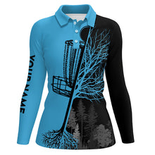 Load image into Gallery viewer, Womens disc golf polo shirts custom black and blue disc golf basket, disc golf outfit NQS7151