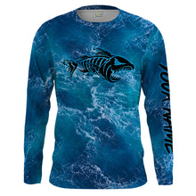 Load image into Gallery viewer, Custom blue ocean fish bone Saltwater Long sleeve Fishing Shirts UV Protection, Sea wave camo Fishing Shirts - NQS2079