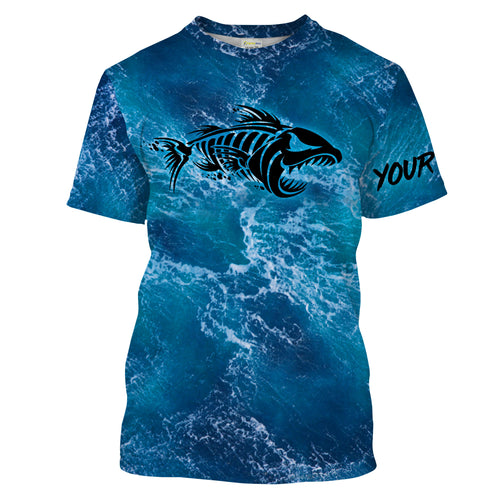 Custom blue ocean fish bone Saltwater Long sleeve Fishing Shirts UV Protection, Sea wave camo Fishing Shirts - NQS2079
