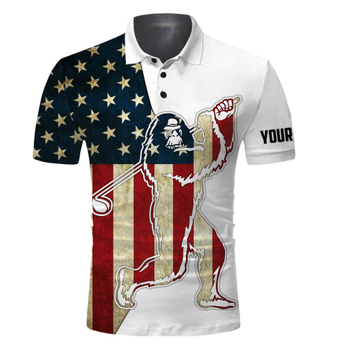 Funny Bigfoot Golf polo shirts patriotic American flag custom name sasquatch playing golf apparel NQS3574