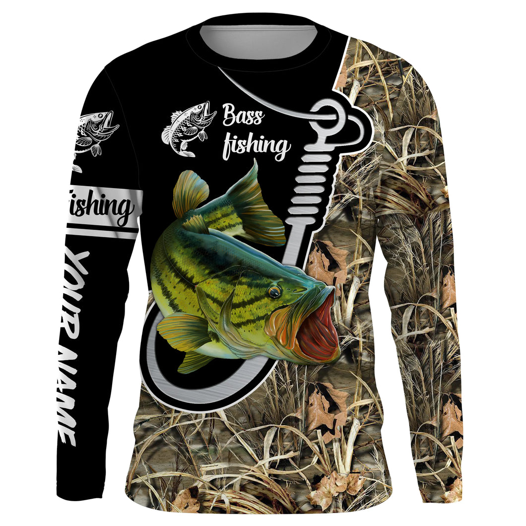 Largemouth Bass camo fish hook customize name long sleeves shirt personalized gift for Fishing lovers NQS703