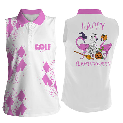 Pink Flamingo Womens sleeveless polos shirt funny Halloween flamingoween golf shirt for ladies NQS6558