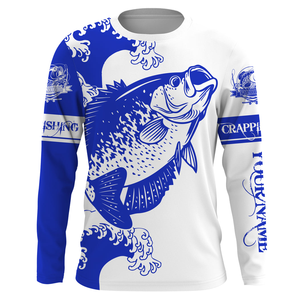 Personalized Crappie fishing tattoo jerseys, Crappie Long Sleeve Fishing tournament shirts | Blue NQS3734
