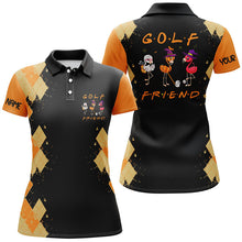 Load image into Gallery viewer, Funny women golf polo shirts orange argyle pattern black Halloween custom Flamingo golf friends NQS6349