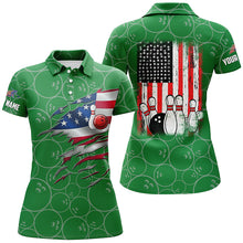 Load image into Gallery viewer, Bowling Polo shirt for women custom green vintage American flag bowling jerseys NQS6562