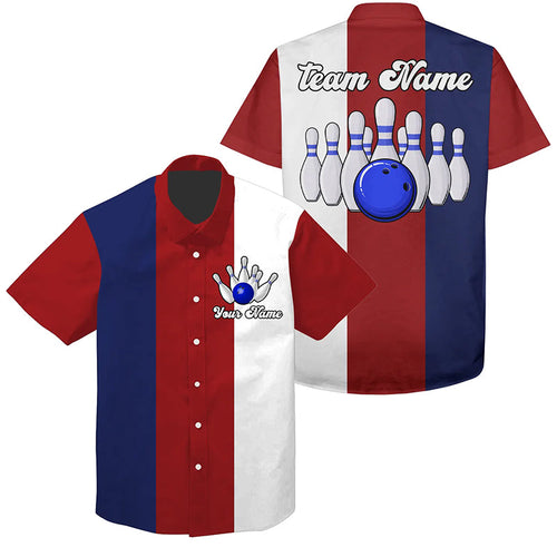 Personalized Red white and blue Retro Bowling hawaiian shirts Custom vintage Team button up shirts NQS6569