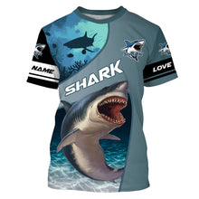 Load image into Gallery viewer, Shark fishing ocean blue color Custom Name 3D UV Protection long sleeve fishing shirts for men, women NQS3036