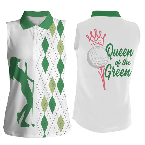 Funny Women's sleeveless golf polo shirt Queen of the green argyle plaid white golf shirts for women NQS4894