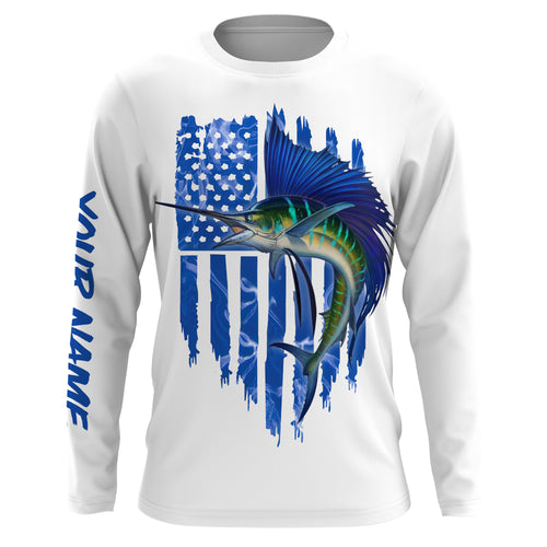 Sailfish fishing blue American flag patriotic fishing jersey UV protection Customize name long sleeves UPF 30+ gift for fisherman NQS2353